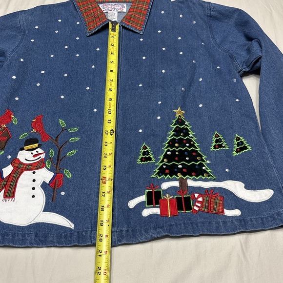 Vtg 90s Tantrums Womens XL Christmas Embroidered Denim Jacket Red Collar Snowman - Picture 8 of 14